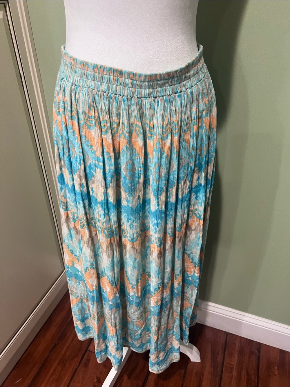 New Women's Pleated Maxi Skirt in Aqua & Peach